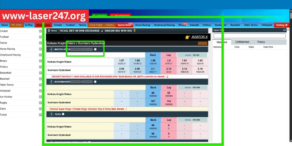 laser247 Cricket Trading Dashbaord
